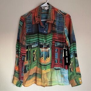 Nicole Taylor Silk Studded Italian Bakery Print Shirt Sz Small Vintage